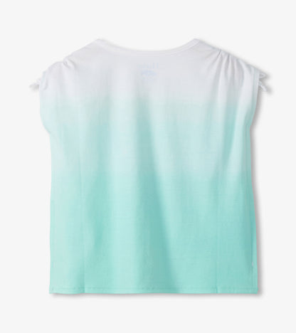 Girls sleeveless ombre top with white-to-mint gradient and cinched shoulders, back view