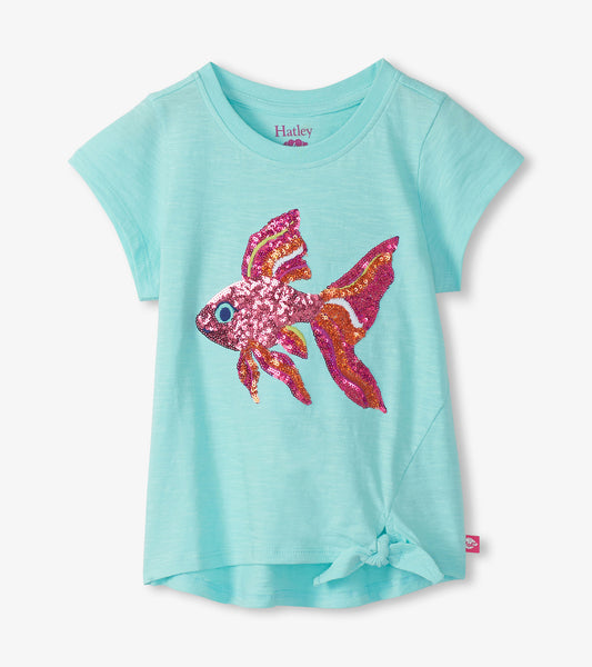 Light aqua girls T-shirt with sequined tropical fish graphic and front tie hem