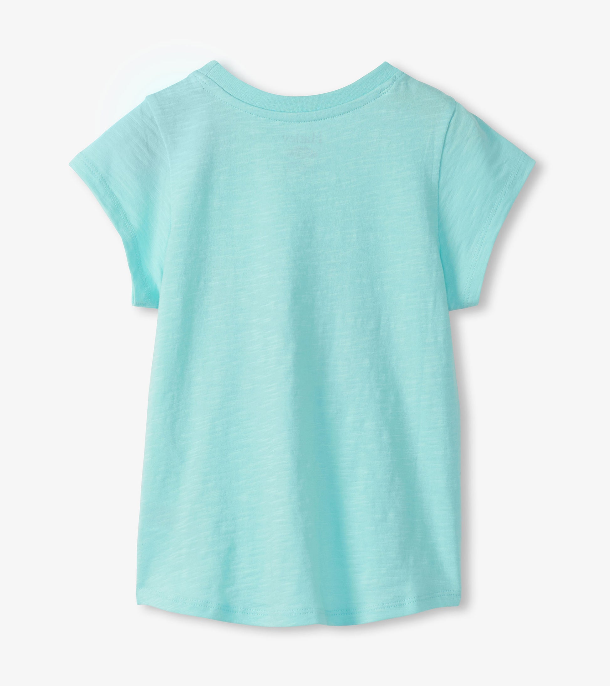 Light aqua girls short-sleeve T-shirt with a tie-front hem and tropical fish print on the back