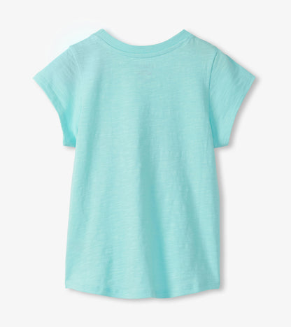 Light aqua girls short-sleeve T-shirt with a tie-front hem and tropical fish print on the back