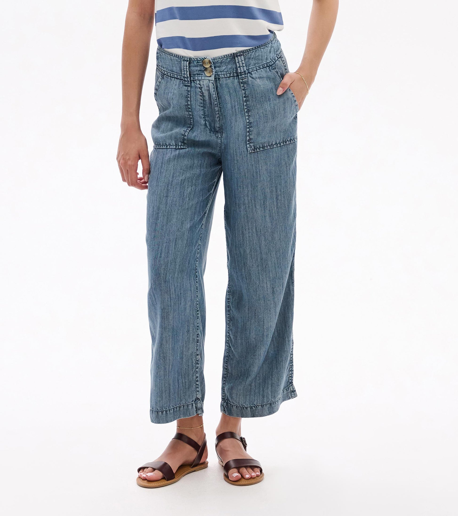 Blue acid-wash wide-leg pants with high waist, button closure, and front pockets on model
