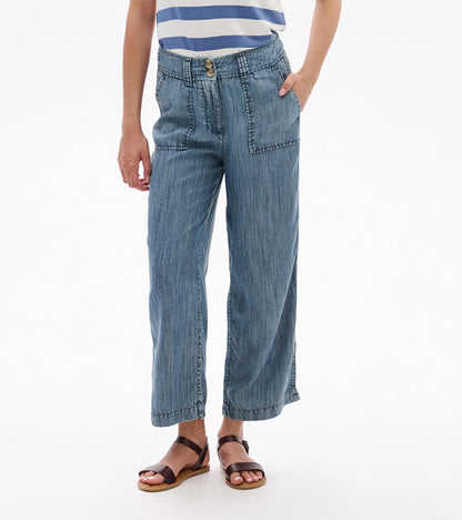 Blue acid-wash wide-leg pants with high waist, button closure, and front pockets on model