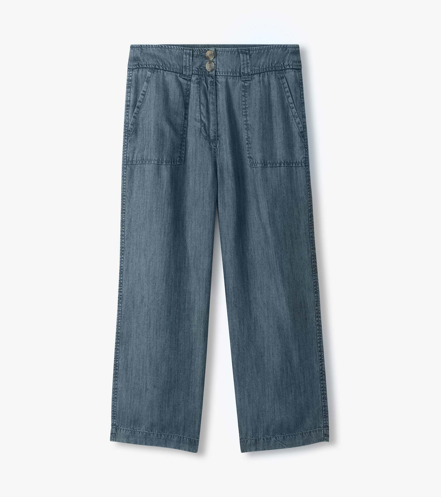 Blue wide-leg denim pants with front patch pockets and button waist, shown flat front view