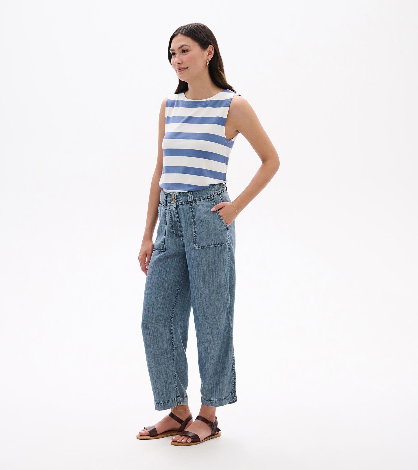 Blue acid-wash wide-leg cropped pants with front pockets and a high waist, worn by a model