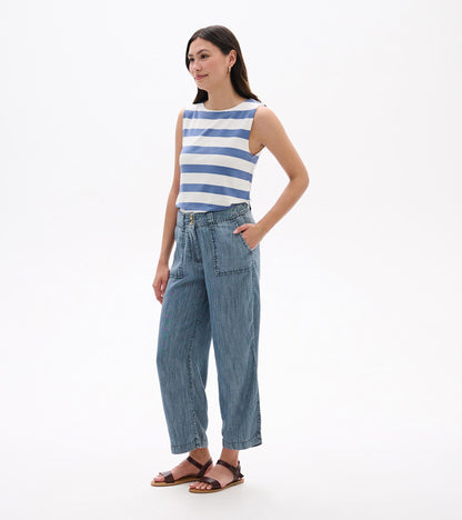 Blue acid-wash wide-leg cropped pants with front pockets and a high waist, worn by a model