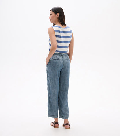 Back view of blue acid-wash wide-leg cropped pants with a relaxed fit and denim texture
