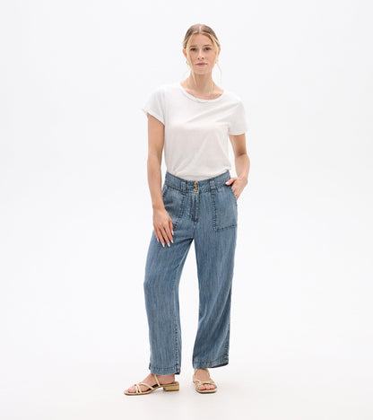 Blue acid-wash wide-leg pants with high waist, front pockets, and cropped hem, worn by a model