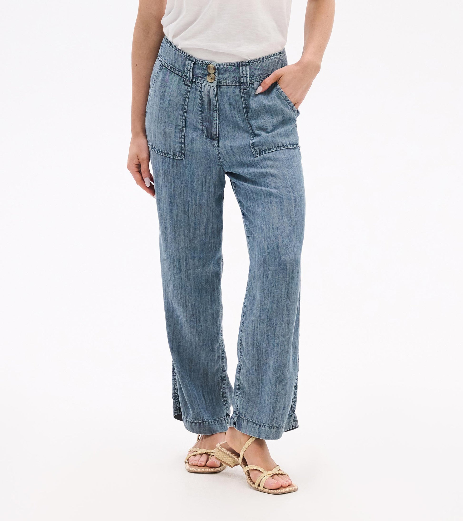 Blue acid-wash wide-leg pants with high waist, front pockets, and cuffed hems on a model