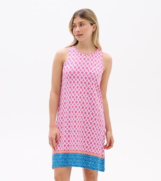 Sleeveless pink patterned shift dress with blue hem, front view