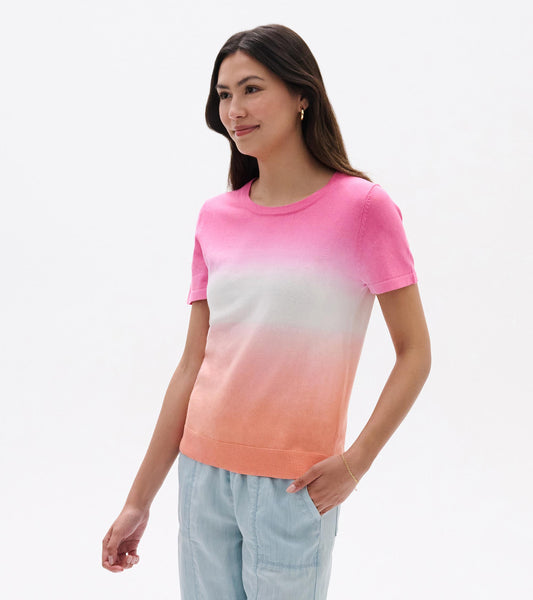 Short-sleeve knit tee with pink-to-coral dip-dye gradient and white center, front view