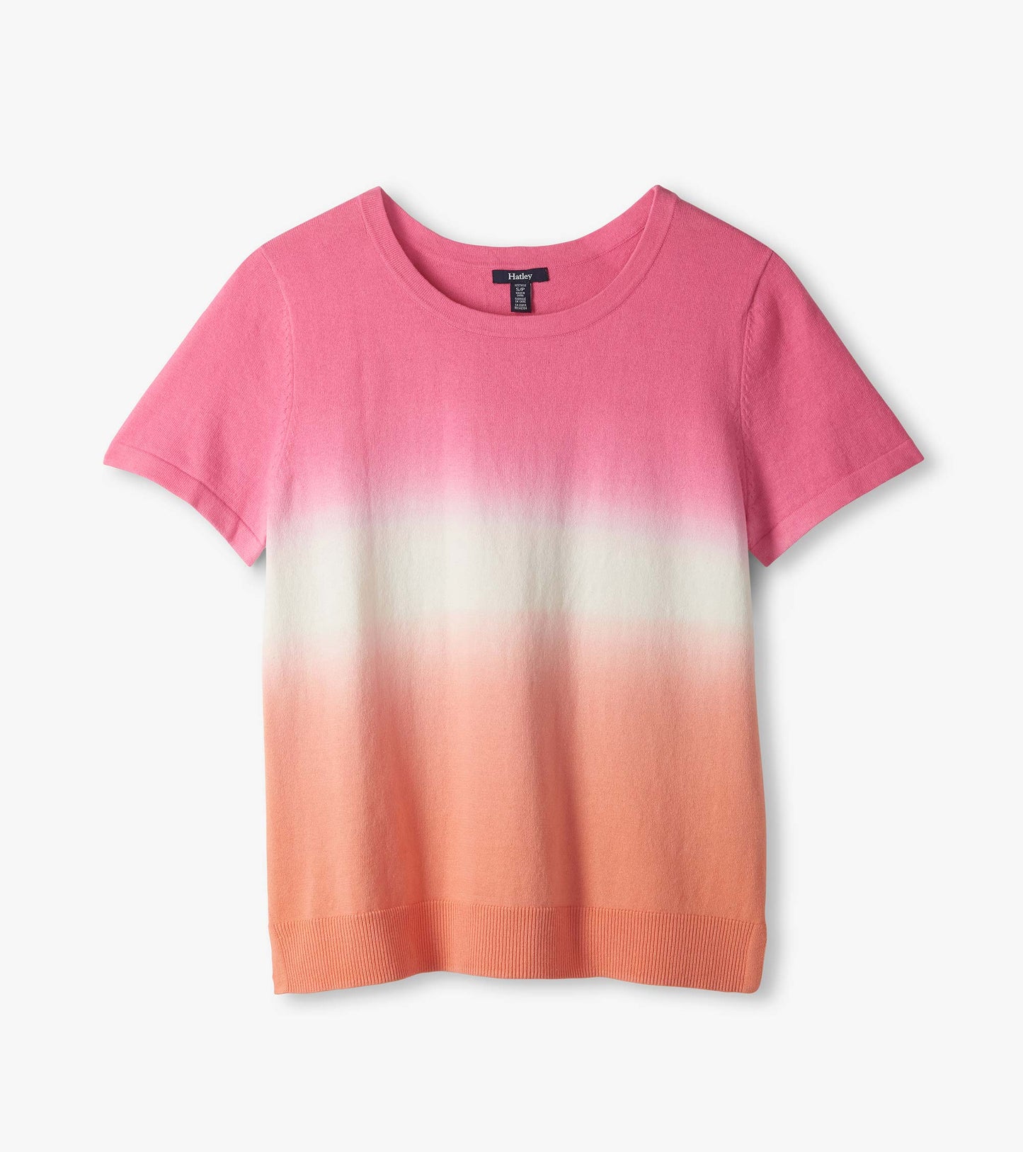 Front view of pink-to-coral dip-dye knit tee with short sleeves and crew neck