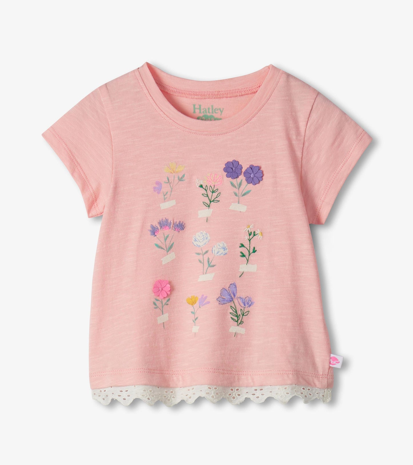 Pink short-sleeve toddler T-shirt with floral print and lace-trim hem, front view