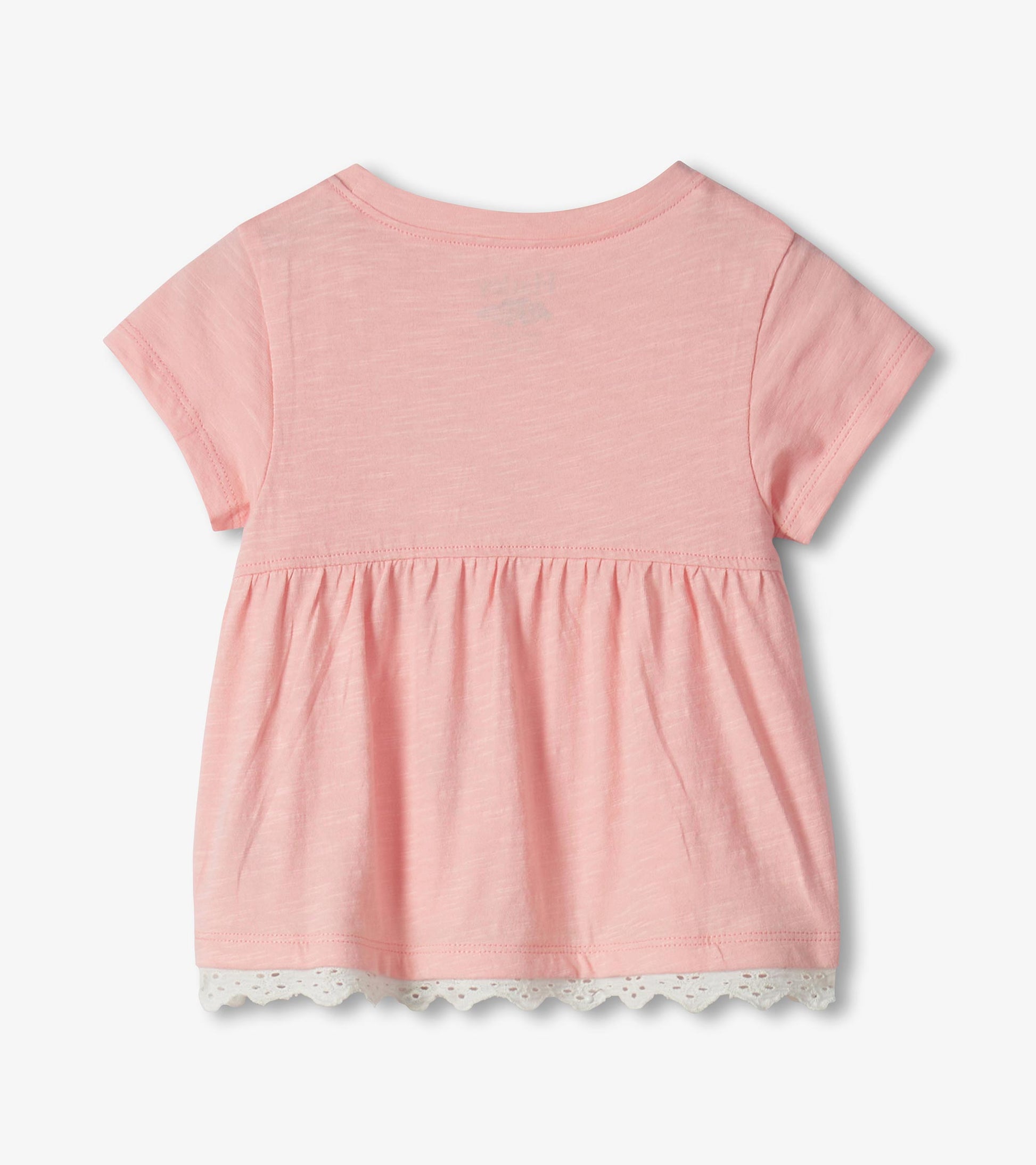 Pink short-sleeve toddler T-shirt with gathered hem and white lace trim, back view