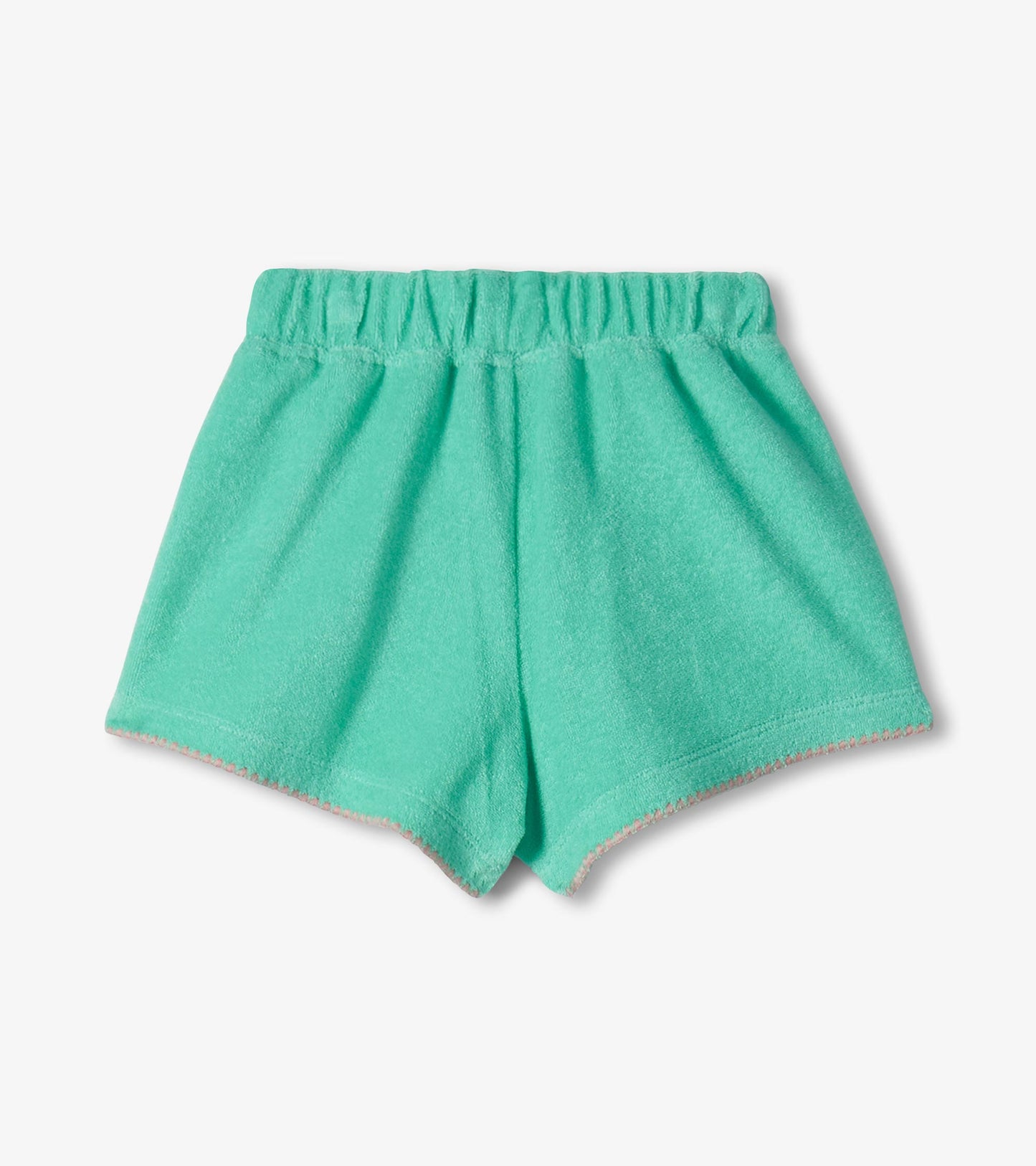 Mint green toddler shorts with elastic waistband and scalloped hem, front view