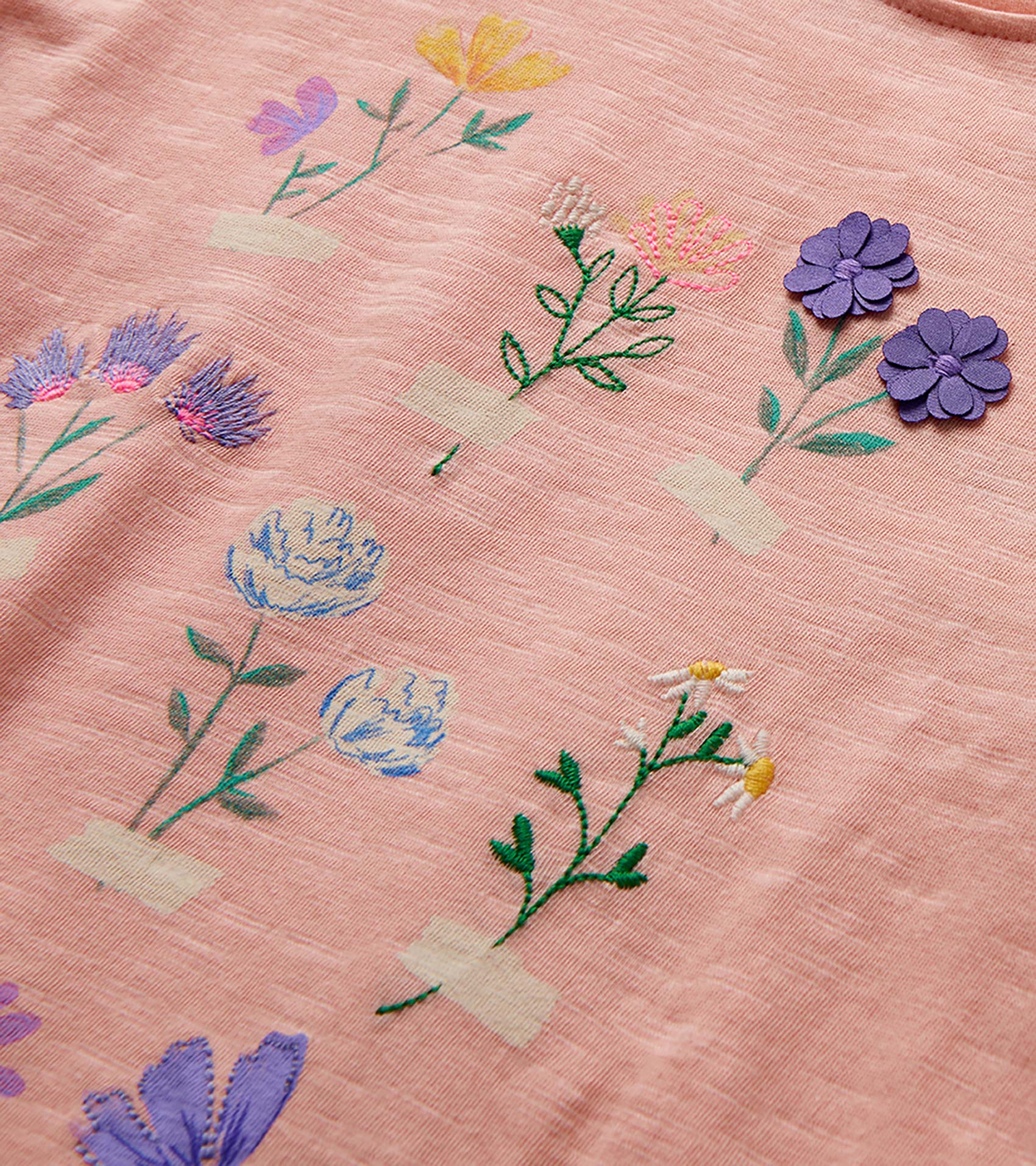 Pink fabric with colorful embroidered and appliqué floral pattern, close-up detail view