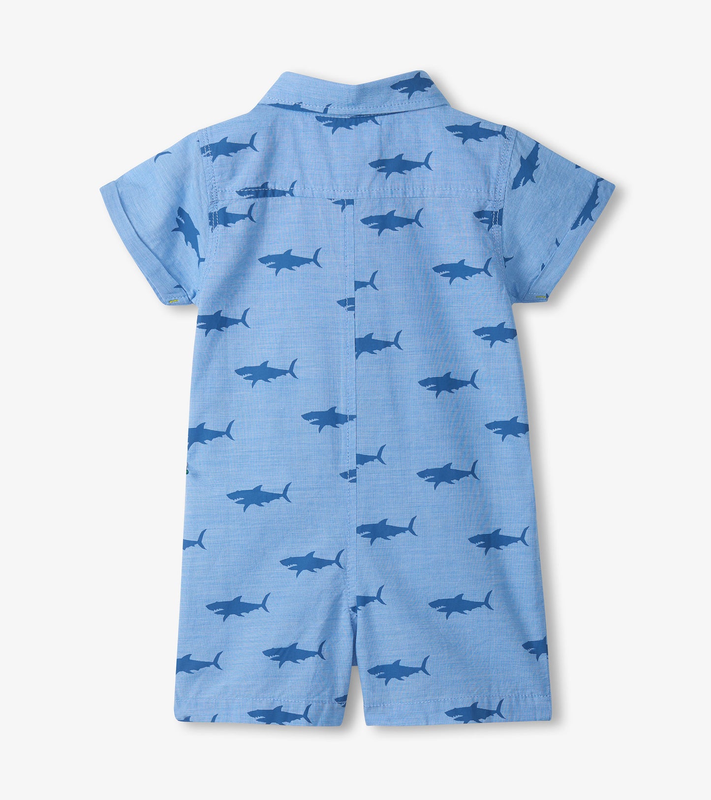 Light blue short-sleeve baby romper with dark blue shark print, collared back view