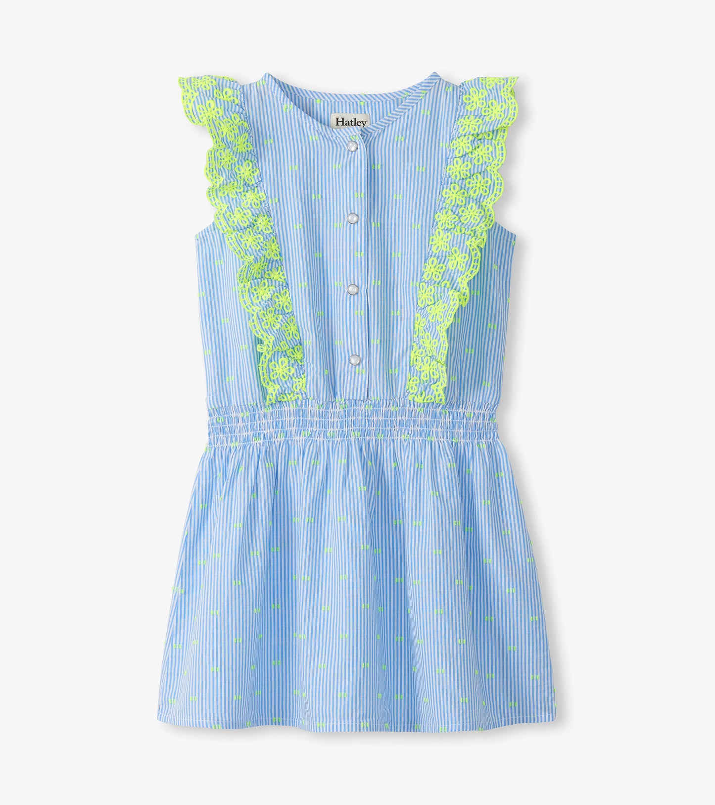 Girls blue striped sleeveless dress with neon green dot print, ruffle trim, and button front