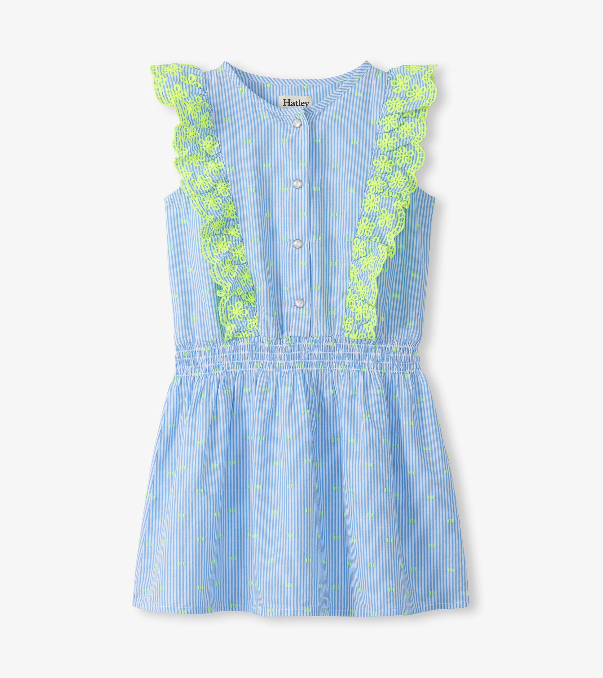 Girls blue striped sleeveless dress with neon green dot print, ruffle trim, and button front