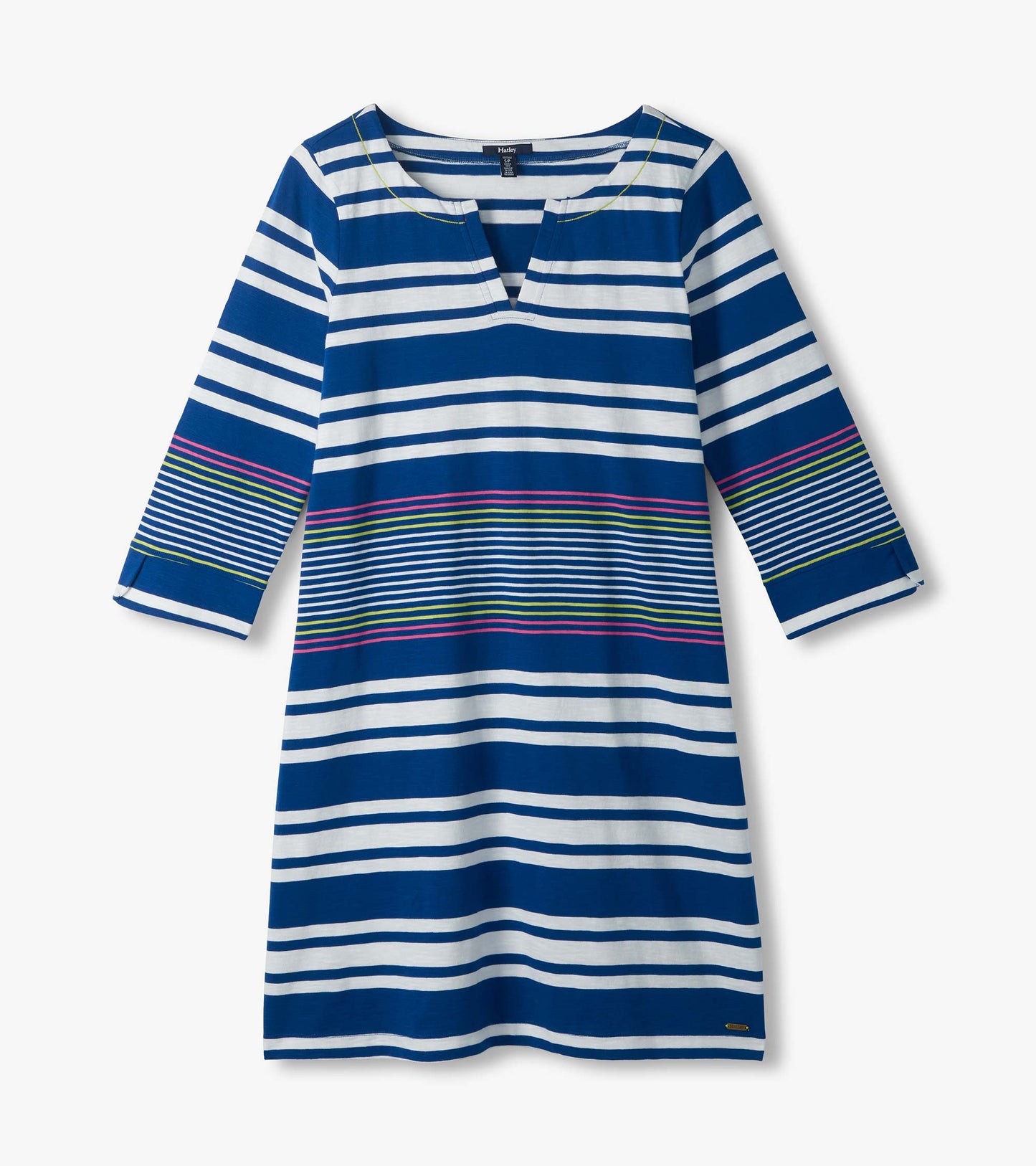 Blue and white striped dress with three-quarter sleeves and a notch neckline, front view