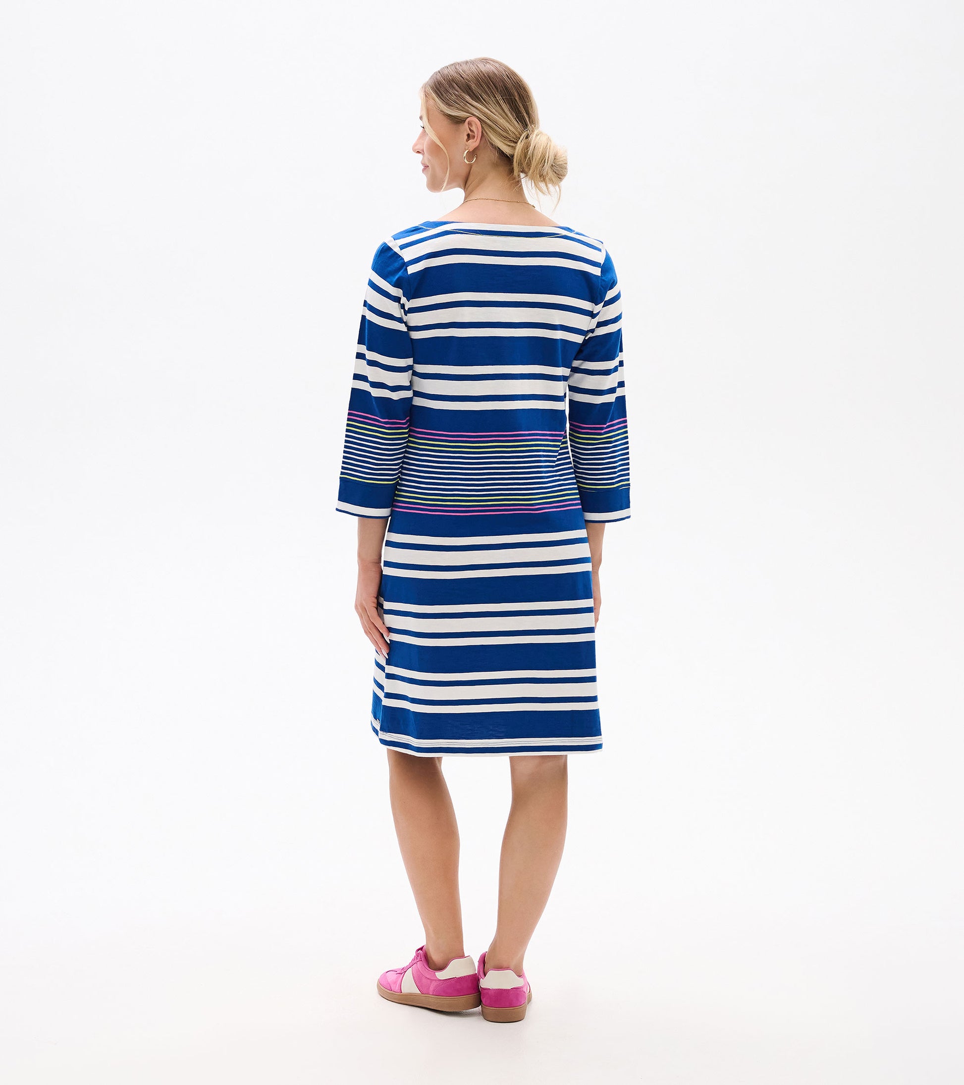 Back view of a blue and white striped knee-length dress with three-quarter sleeves and multicolor stripe accents.
