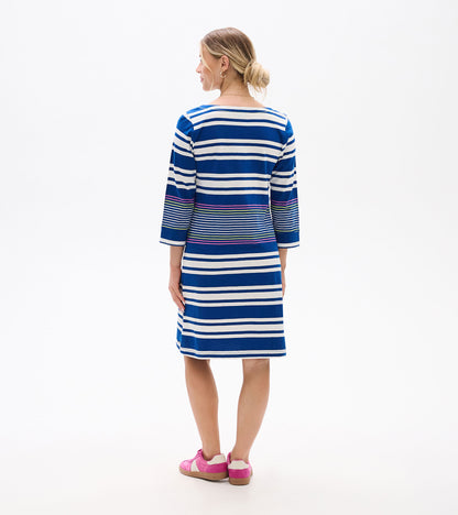 Back view of a blue and white striped knee-length dress with three-quarter sleeves and multicolor stripe accents.