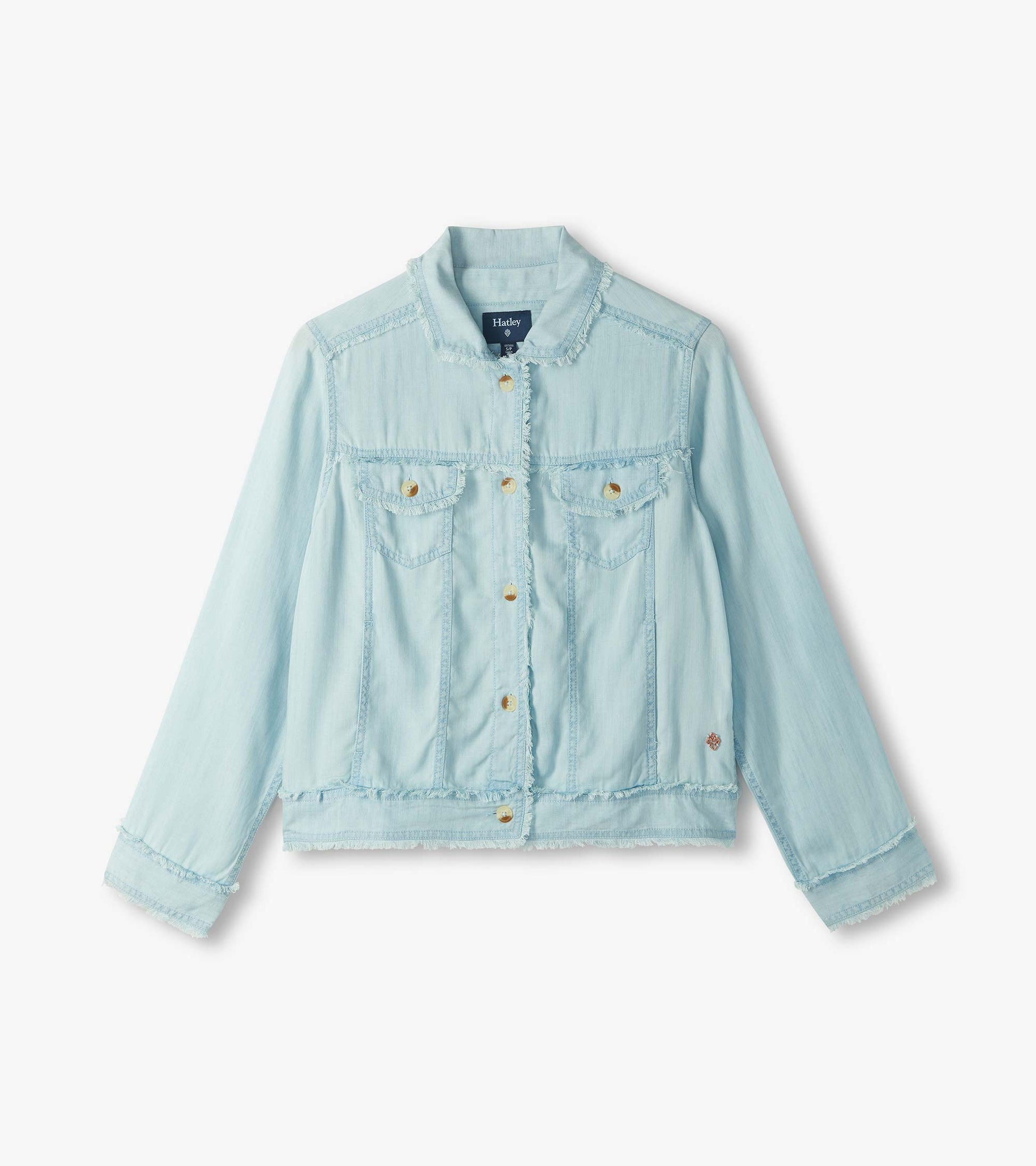 Light blue denim jacket with frayed trim, button front, chest pockets, and long sleeves, front view