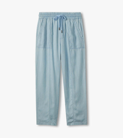 Light blue straight-leg pants with elastic drawstring waist and side pockets, front view