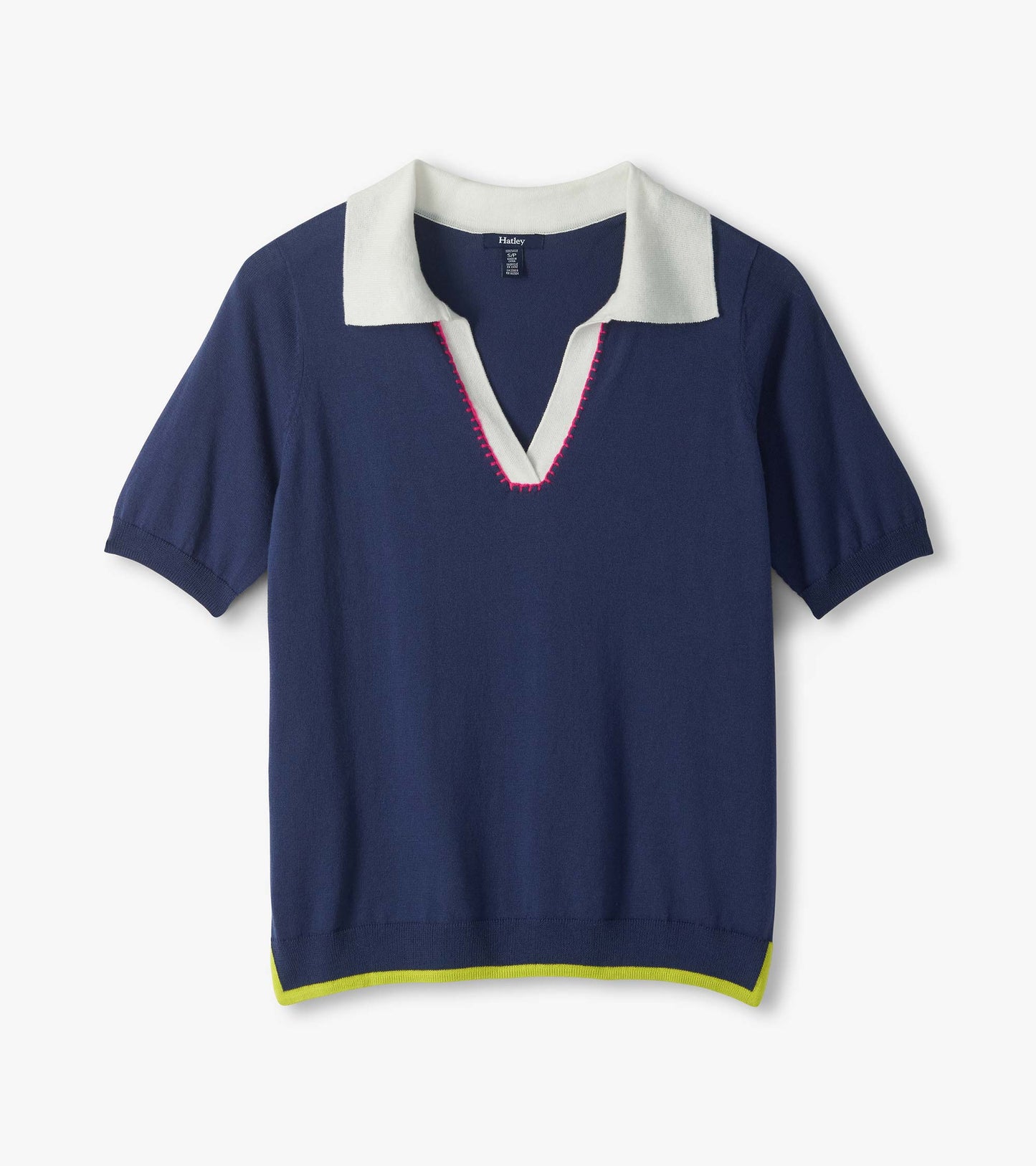 Navy short-sleeve knit polo top with white collar and V-neck trim, pink stitching, and lime green hem.