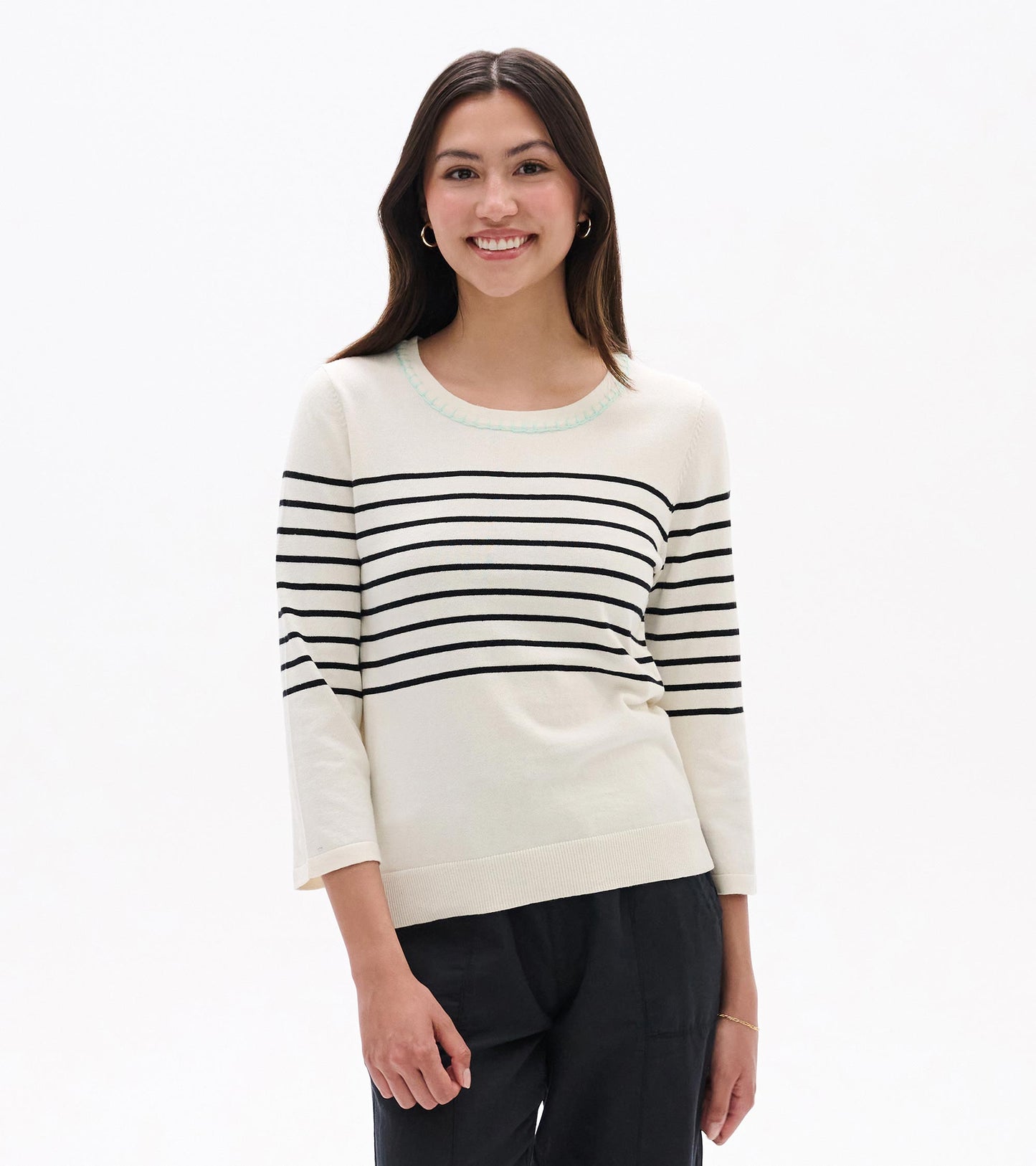 3/4 Sleeve Knit Top - Black Stripes