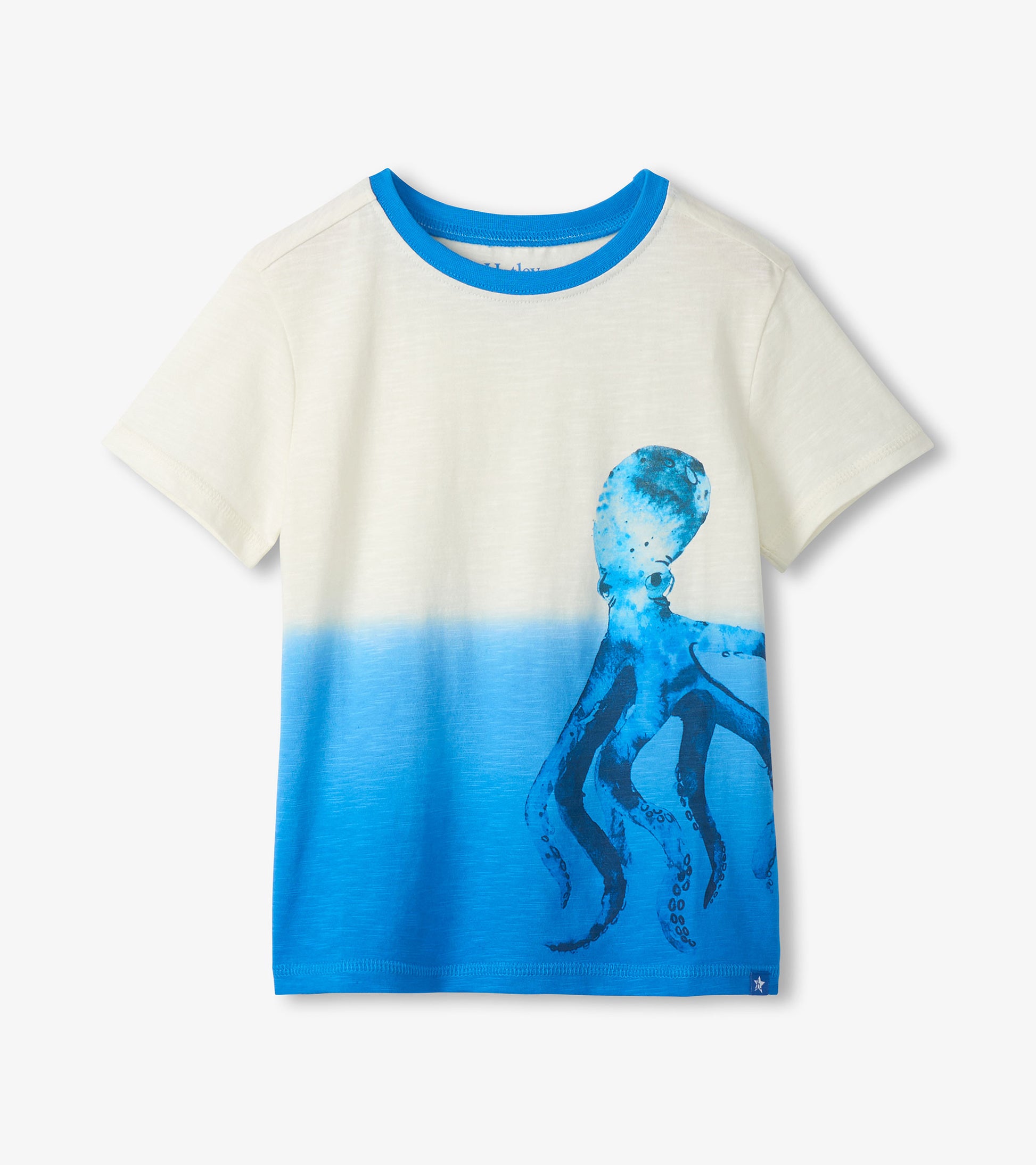 White boys T-shirt with blue collar and hem, blue octopus graphic, front view