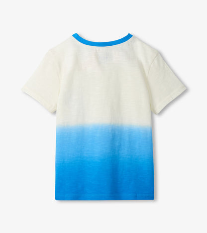 White boys short-sleeve tee with blue dip-dye hem and blue crew neck, back view