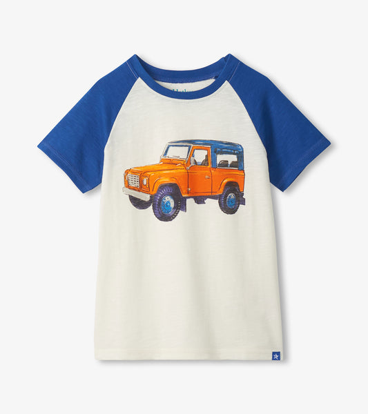 White and blue raglan cotton T-shirt with orange off-road vehicle graphic, front view