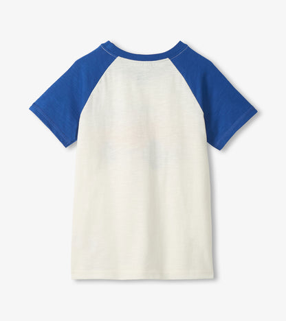 White and blue raglan short-sleeve cotton T-shirt, front view