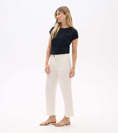 Black relaxed short-sleeve tee with a crew neckline, shown on a model in a front view.
