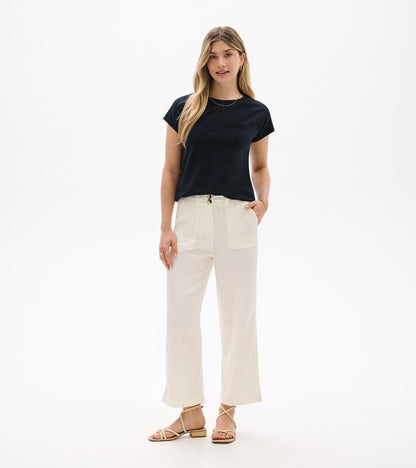Black relaxed-fit short-sleeve tee with crew neckline and chest pocket, shown on model front view