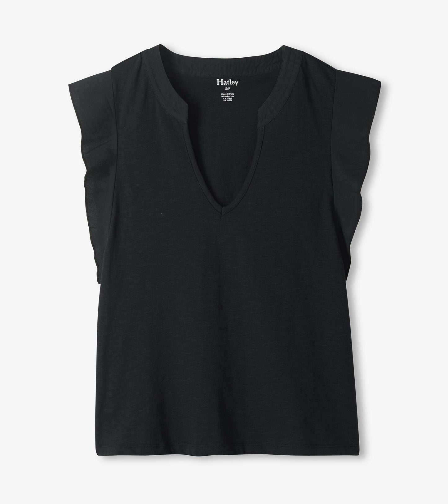Black sleeveless V-neck tank top with cap sleeves, front view, laid flat