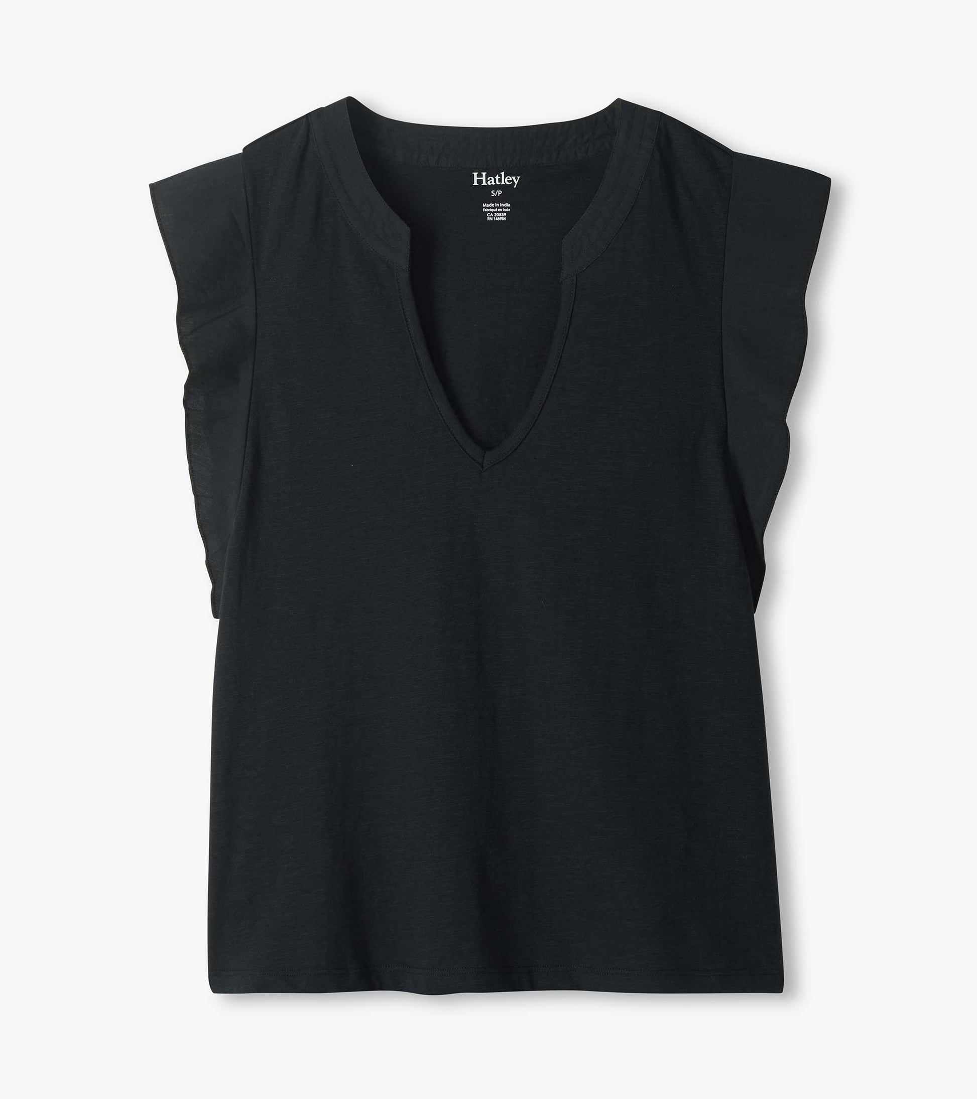Black sleeveless V-neck tank top with cap sleeves, front view, laid flat