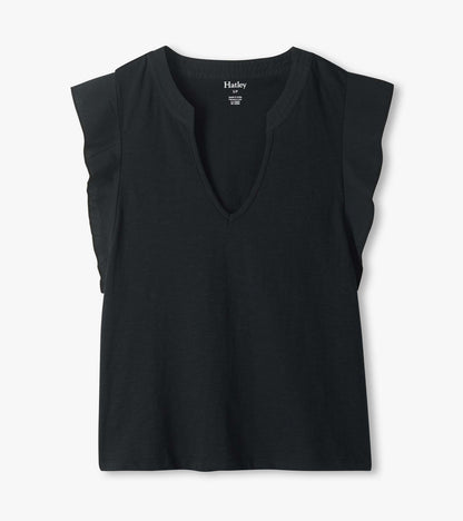 Black sleeveless V-neck tank top with cap sleeves, front view, laid flat