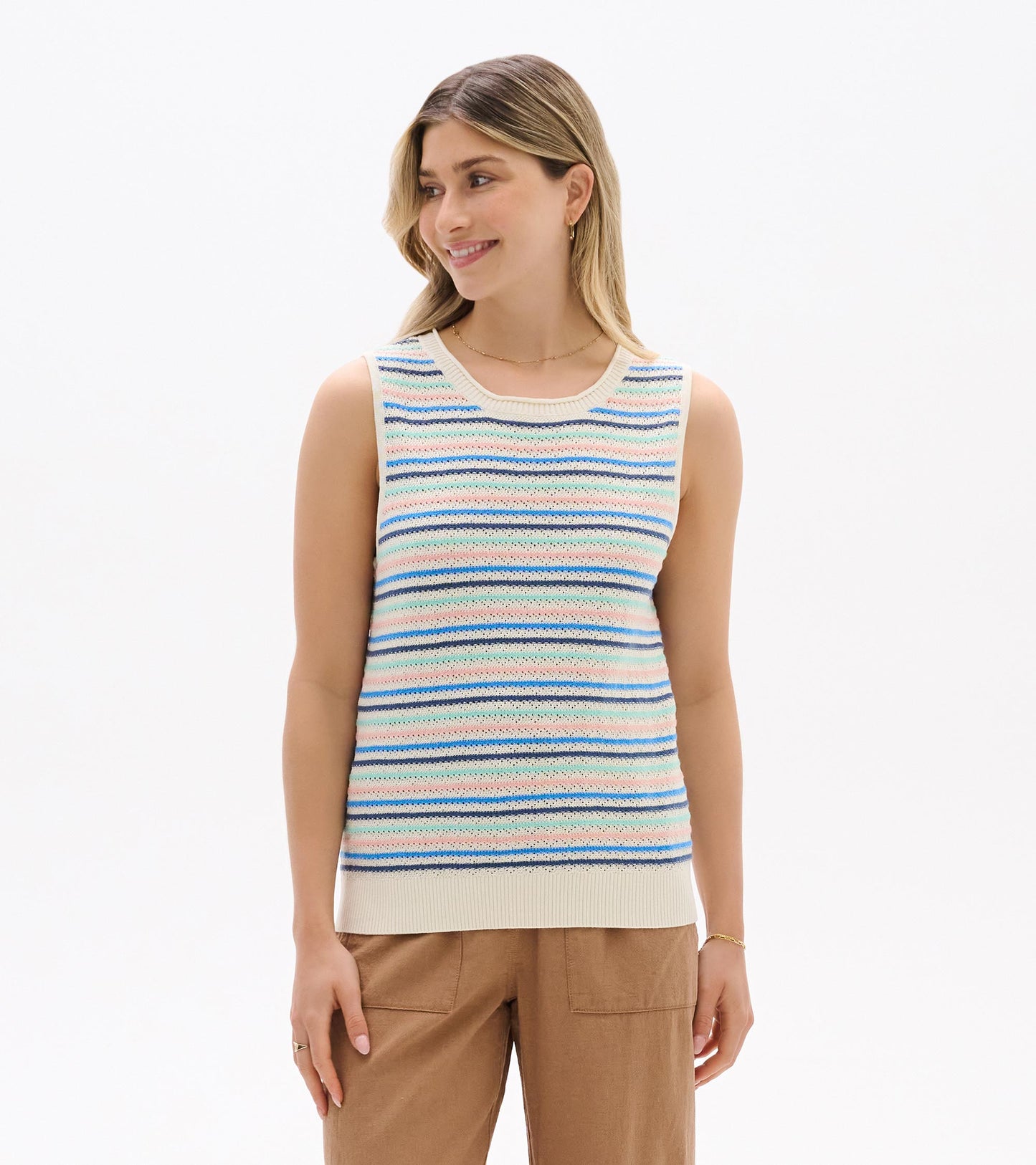 Front view of sleeveless knit tank with cream base and blush, aqua, and blue horizontal stripes