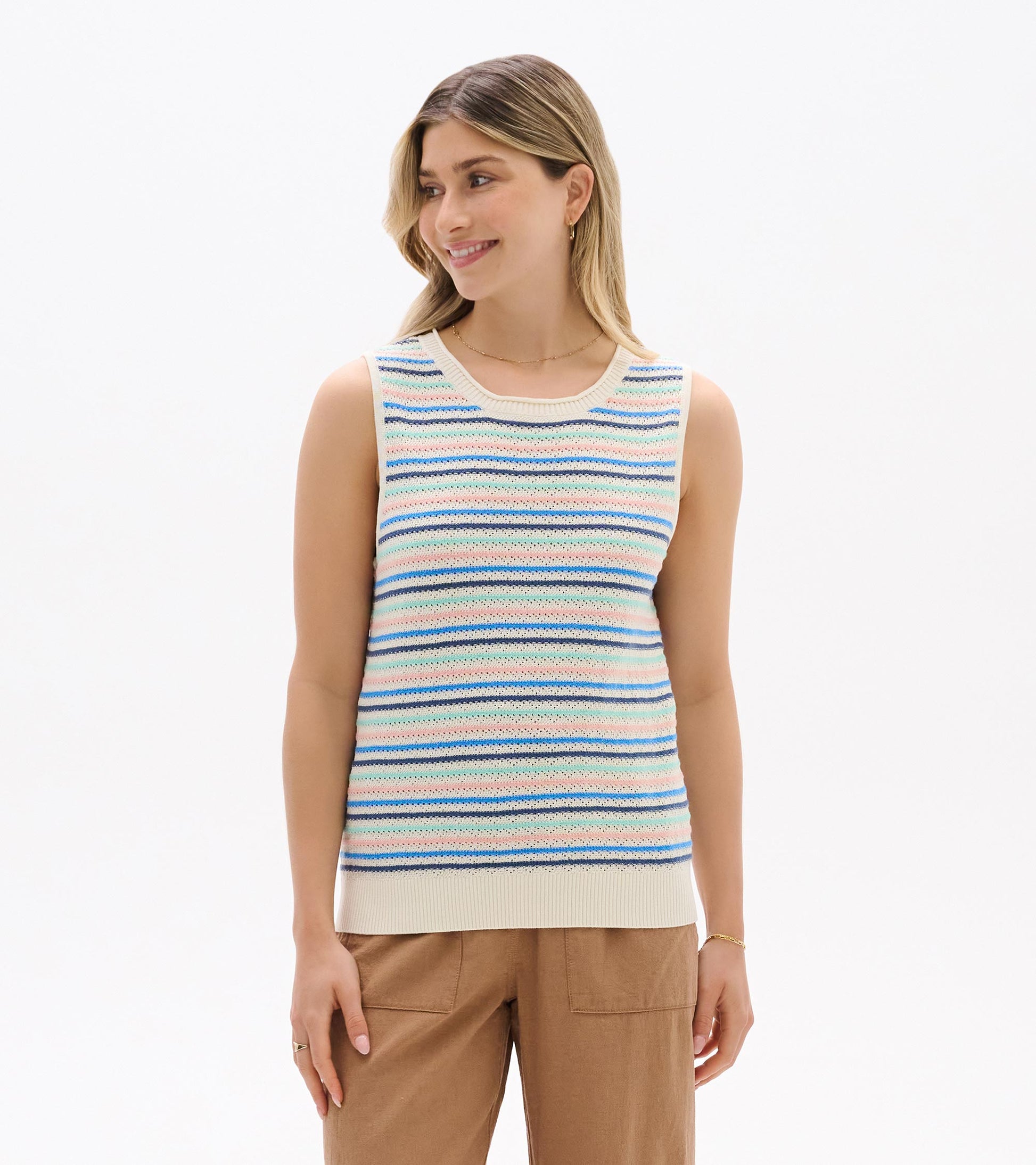 Front view of sleeveless knit tank with cream base and blush, aqua, and blue horizontal stripes