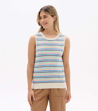 Front view of sleeveless knit tank with cream base and blush, aqua, and blue horizontal stripes