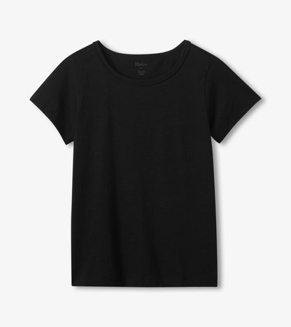 Black crew neck short-sleeve tee, front view, plain solid color
