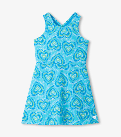 Blue sleeveless A-line dress with heart tie-dye print and scoop neckline, front view