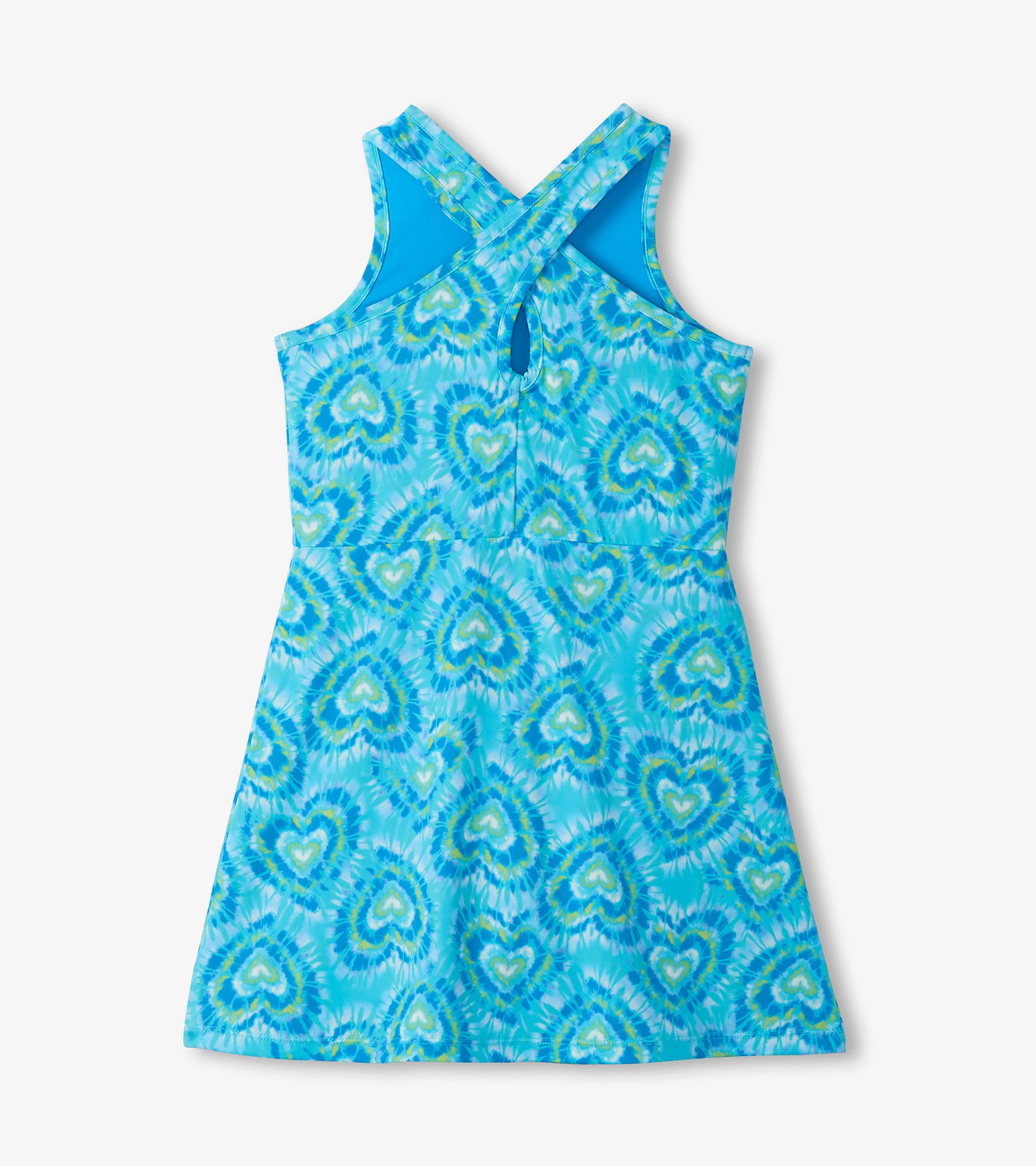 Girls blue tie-dye heart print active A-line dress with crisscross back straps