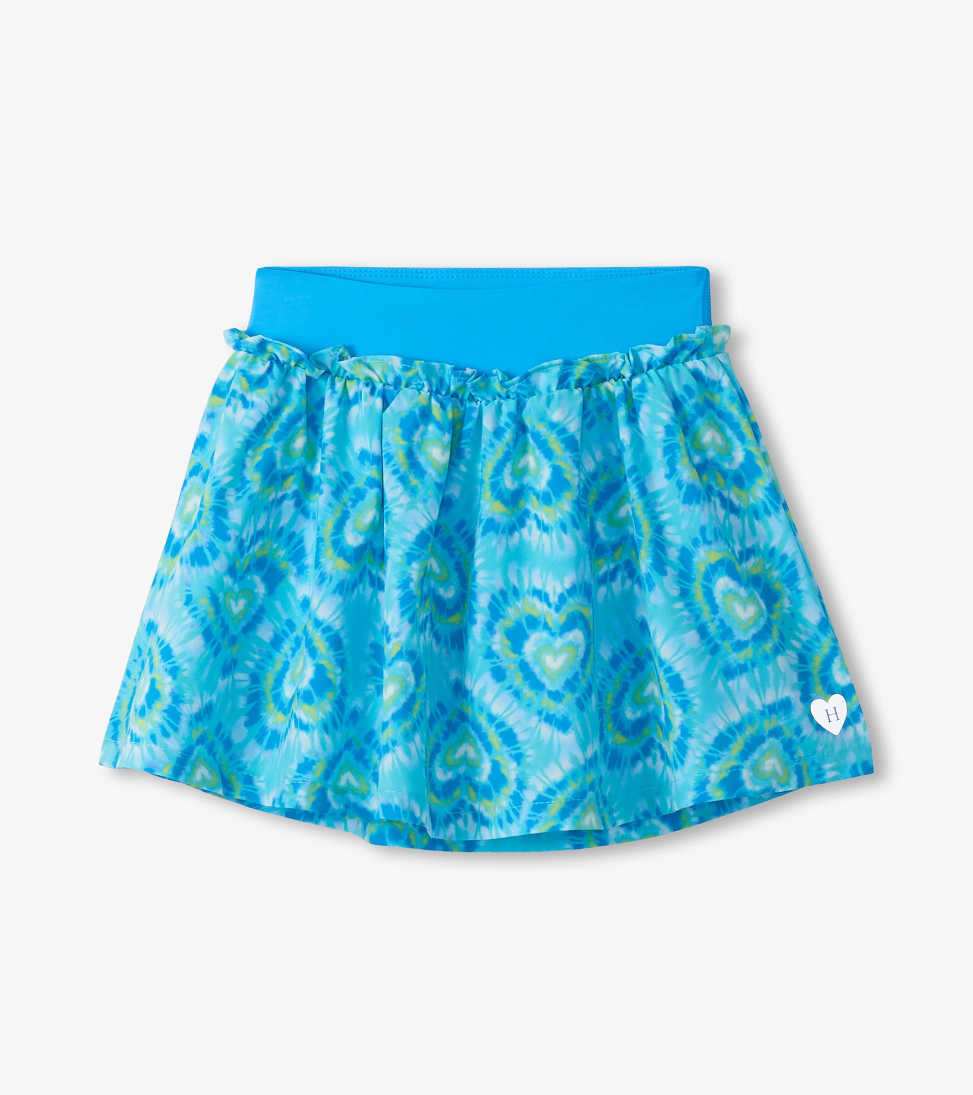 Blue girls skort with heart tie-dye print, wide waistband, and ruffle seam