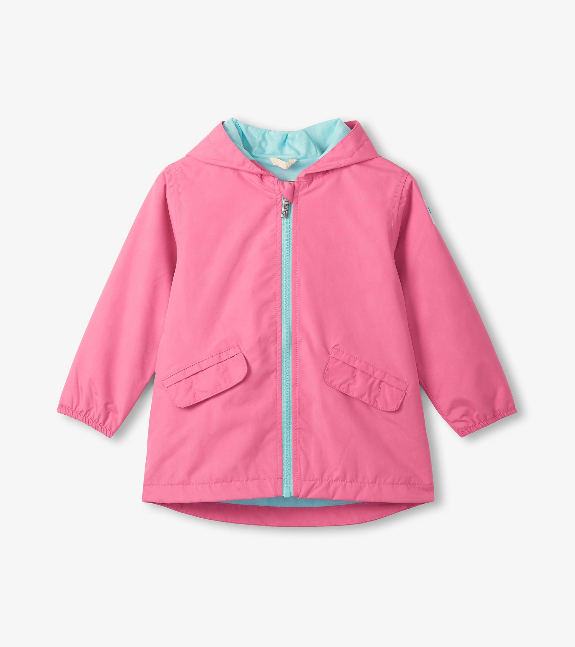 Pink girls hooded rain jacket with aqua zipper, lining, and front flap pockets, front view