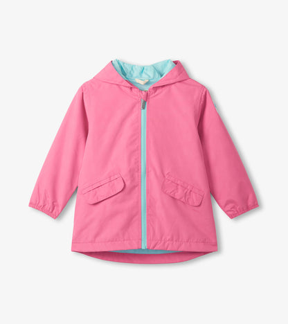 Pink girls hooded rain jacket with aqua zipper, lining, and front flap pockets, front view