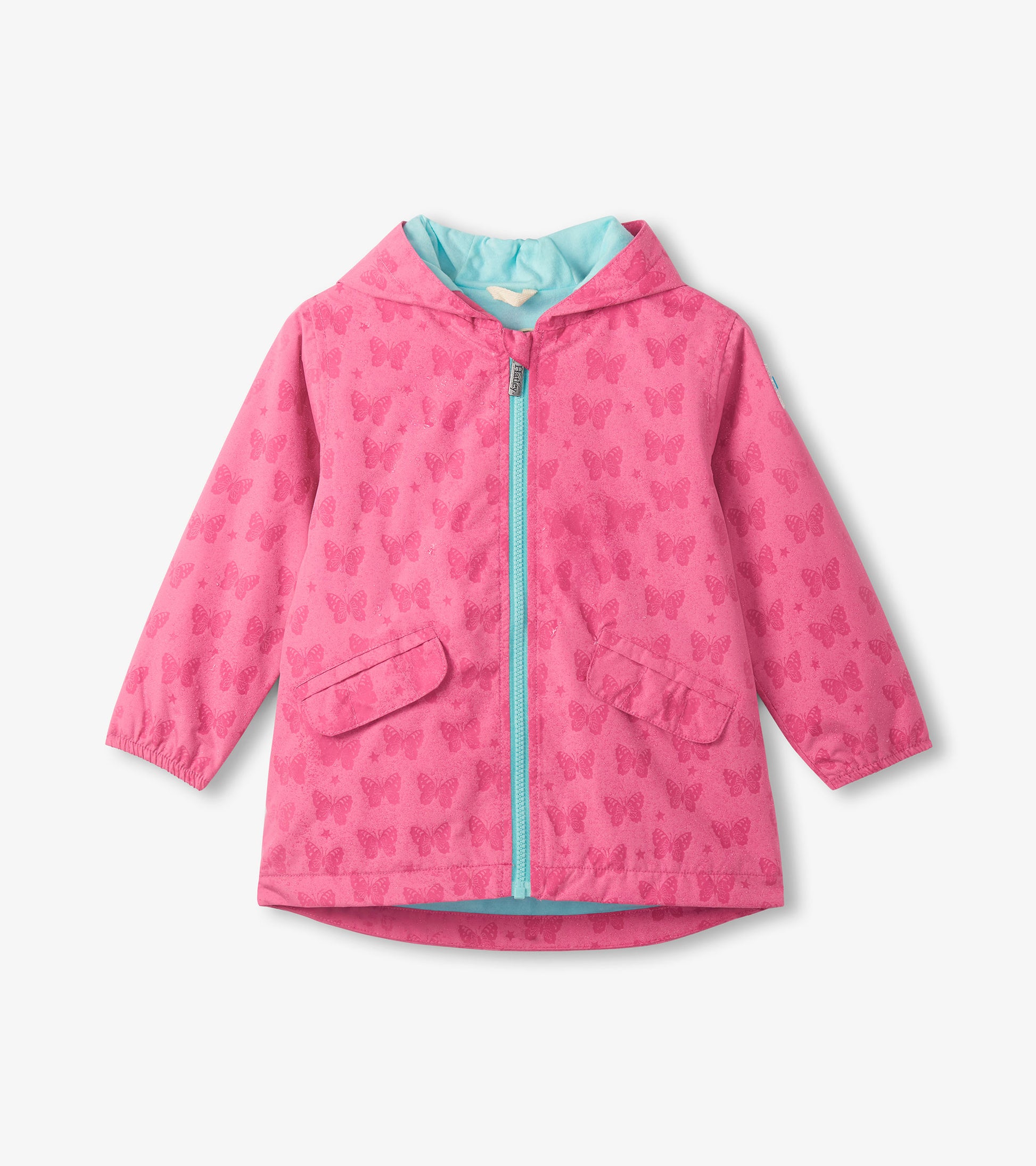 Pink hooded girls' rain jacket with butterfly print, front zipper, flap pockets, and blue lining.
