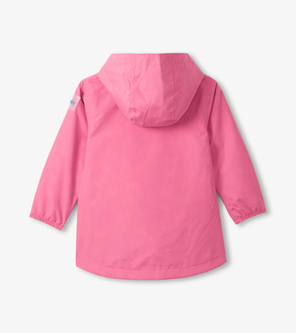 Pink hooded girls' rain jacket with long sleeves, back view, and elastic cuffs
