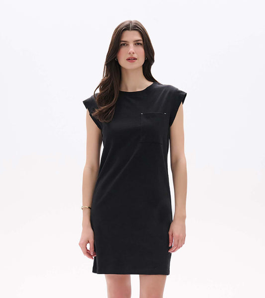 Front view of black pocket tee dress with cap sleeves and chest patch pocket